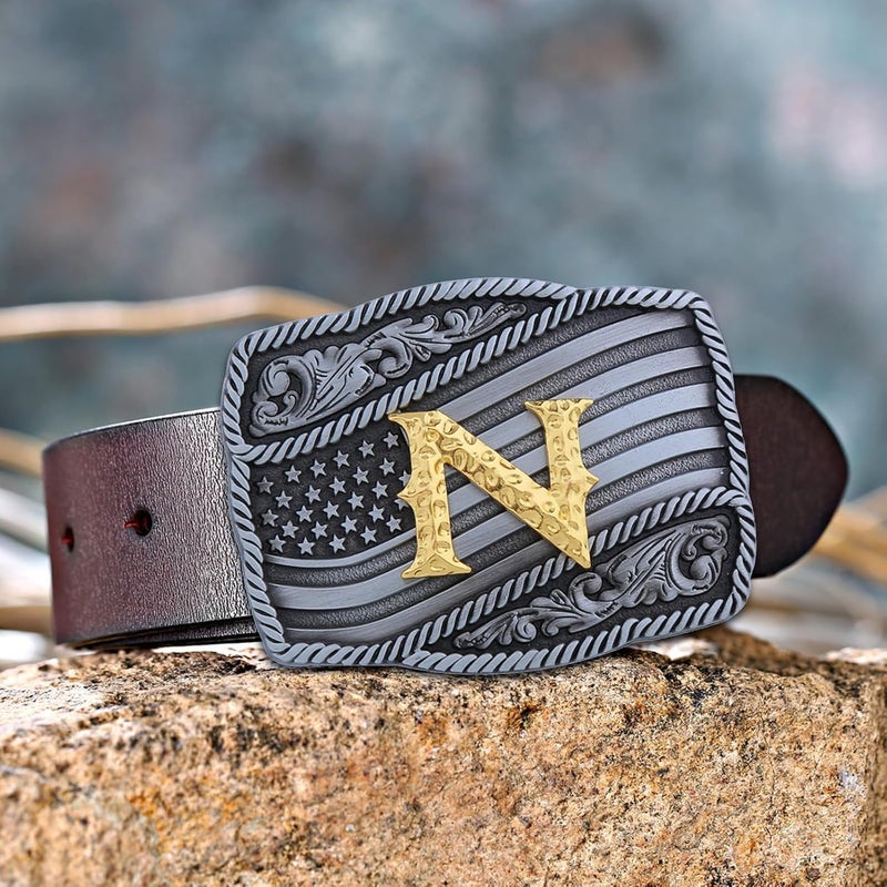 Fibbadet Store Western Cowboy Initial Letters A-Z American Flag Belt Buckle for Men Fathers Day Boyfriend Husband - Image 2
